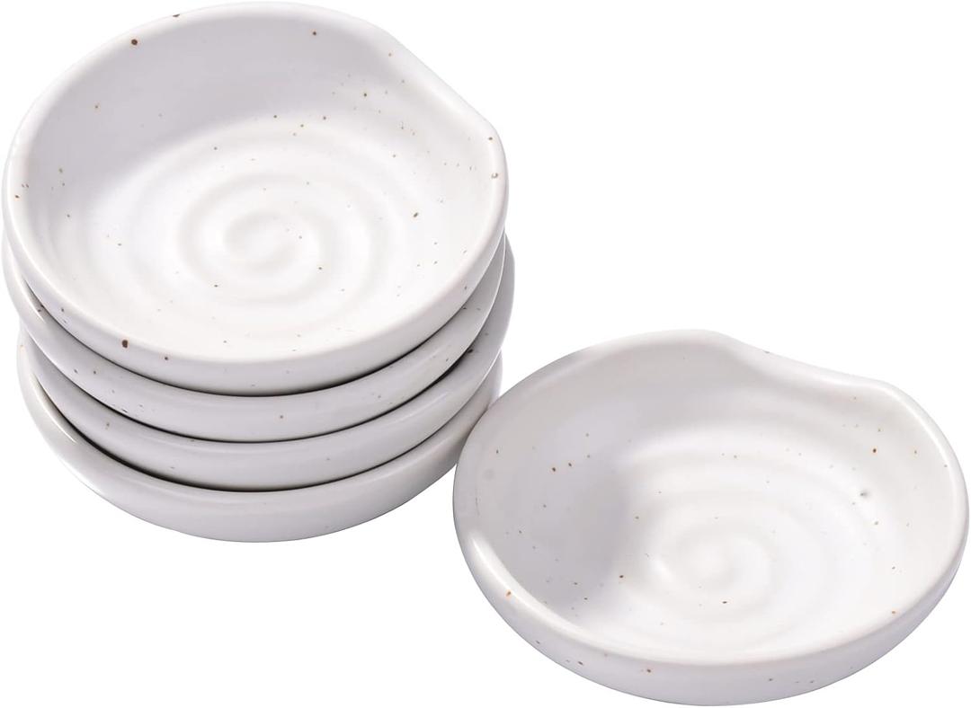 3.1 Inch Porcelain Side Dish Bowl Seasoning Dishes Soy Sauce Dishes Dipping Sauce Bowls-Set of 5,Soy Sauce Dish with Mouth(White)