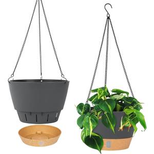 QCQHDU 8 inch Hanging Planters for Indoor Plants, 2 Pack Self Watering Pots with Drainage Holes & Removable Tray, Outdoor Hanging Baskets (Dark Grey)