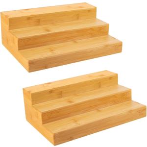 Bamboo Spice Rack Organizer for Cabinet 2 Pack - 3 Tier Countertop Step Shelf, Seasoning Storage Stand for Kitchen Pantry, Spice Holder for Jars Bottles Cans (Natural)