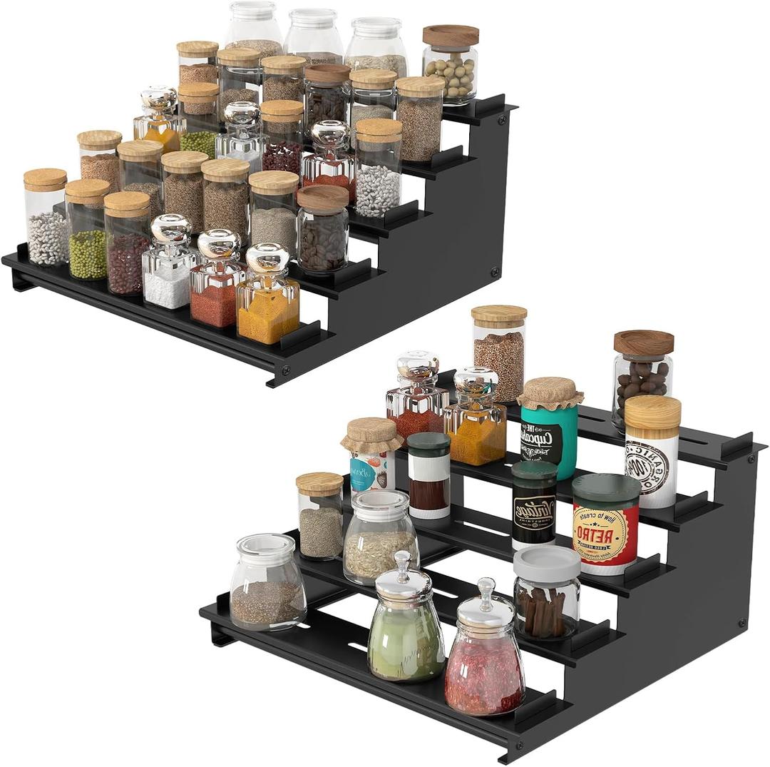 5 Tier Spice Rack for Cabinet, 2 Pack Spice Organizer, Metal Step Shelf Countertop Spice Rack for Inside Cabinets, Kitchen, Black