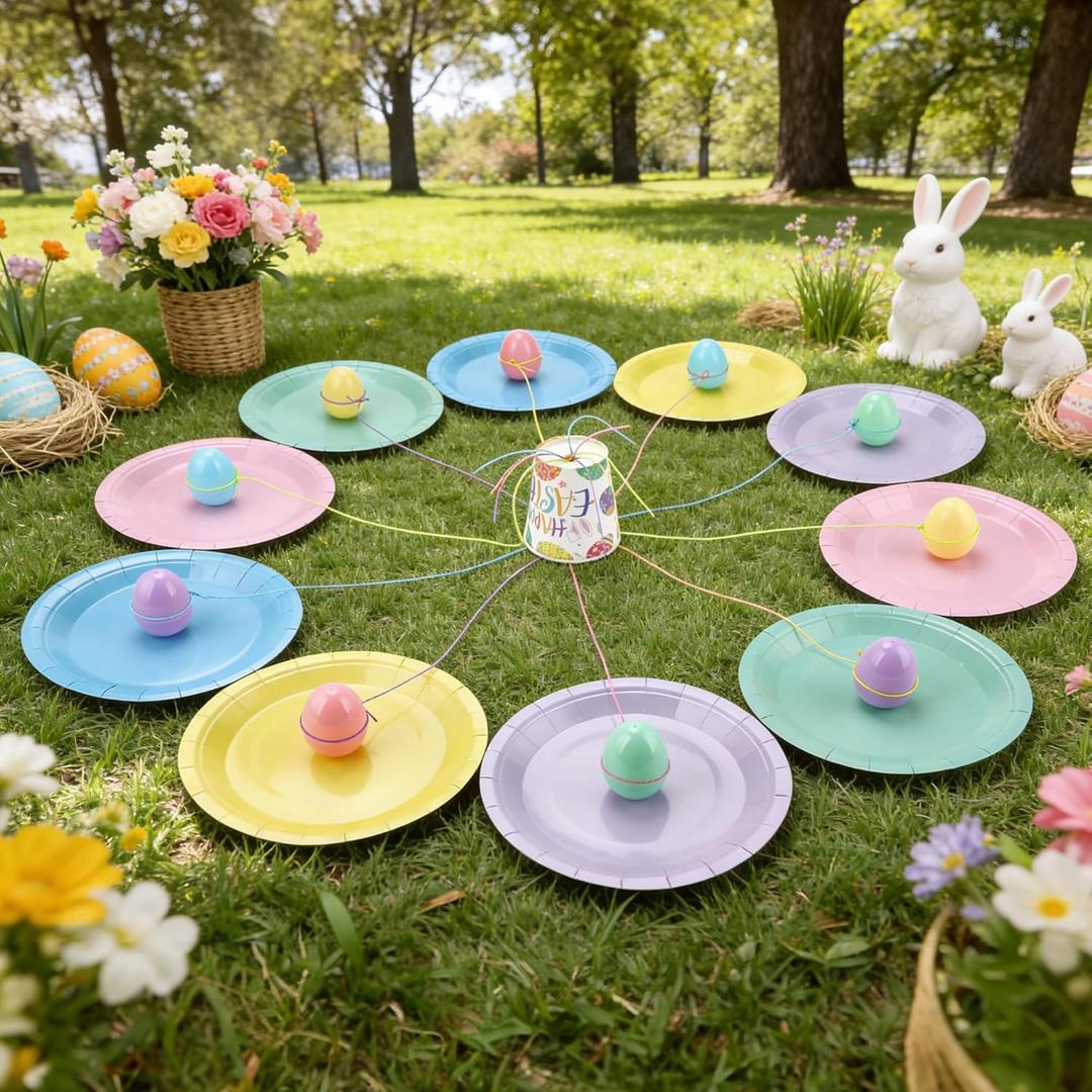 Easter Party Game Set, Includes 10 Plates 10 Easter Eggs 1 Paper Cups and 5 Rope for Family Adult Spring Party Office Games Easter Birthday Gathering Party Supplies