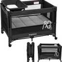 ANGELBLISS Baby Bassinet Bedside Crib, Pack and Play with Mattress, Diaper Changer, One-Push Setup Playards from Infants to Toddlers (Balck)