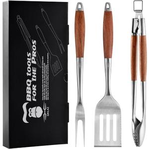 Heavy-Duty Rose Wooden BBQ Grilling Tools Set. Extra Thick Stainless Steel Multi-Function Spatula, Fork & Tongs | Essential Accessories for Barbecue & Grill. Ideal Gift for Father