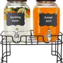 1 Gallon Glass Drink Dispensers with Wood Lid, 2 Pack Clear Beverage Dispenser with Stand and Spigot for Parties, Lemonade Dispenser with Markers and Chalkboard for BBQ, Picnic