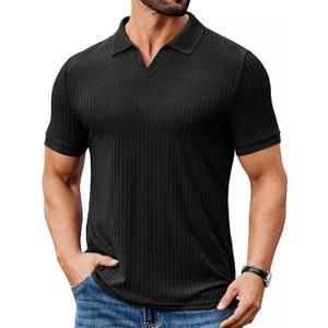 COOFANDY Men's Ribbed Polo Shirts Short Sleeve V Neck Slim Fit Polo T-Shirt Casual Summer Collared Golf Shirt