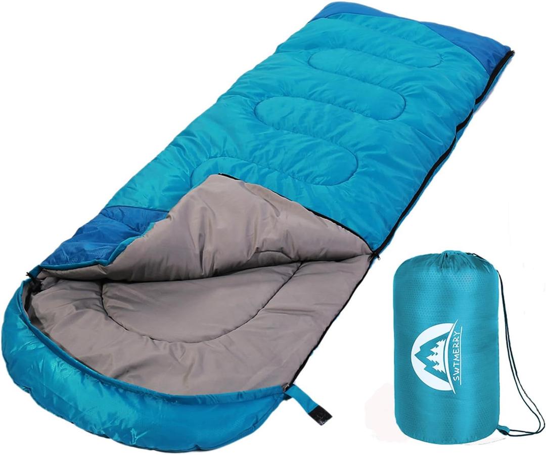 SWTMERRY Sleeping Bag 3 Seasons (Summer, Spring, Fall) Warm & Cool Weather - Lightweight,Waterproof Indoor & Outdoor Use for Kids, Teens & Adults for Hiking and Camping (Single, Blue)