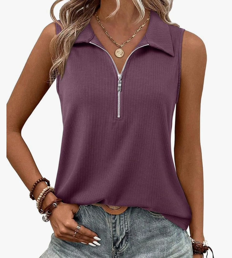 Vivilli Womens Ribbed Tank Top Zipper V Neck Dressy Casual Blouses Sleeveless Camisole Tops Work Tank Polo Shirts, Small