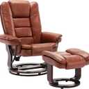 JC Home Argus Swivel Recliner with Ottoman, PU Leather & Wood Base Reclining Chair with Footrest, Ultra-Plush Double Foam for Living Room, Bedroom and Office (Brown)