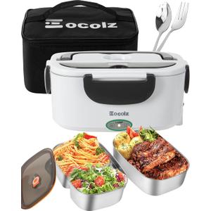 Eocolz Electric Lunch Box Food Heater 60-80W for Adults, Portable Food Warmer Heated Lunch Box for Car Truck Work with 1.5L Stainless Steel Container Fork & Spoon 12/24/110V Lonchera Elctrica