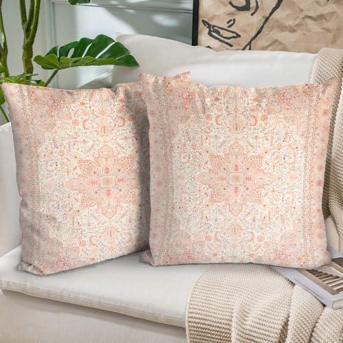 BUAEL Boho Throw Pillow Covers 20x20 inch Set of 2, Bohemian Vintage Carpet Pattern Antique Ethnic Decor Double Sided Pattern Cushion Cover Soft Pillow Case Living Sofa Room Bed Square Pillow Cover