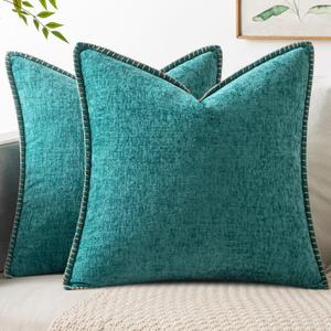 MIULEE Pack of 2 Couch Throw Pillow Covers 18x18 Inch Coastal Teal Farmhouse Decorative Pillow Covers with Stitched Edge Soft Chenille Solid Dyed Spring Pillow Covers for Sofa Bed Living Room