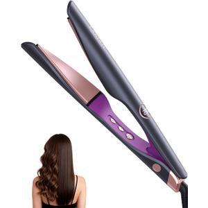 LANDOT Hair Straightener and Curler 2-in-1: Twist Flat Curling Iron for Smooth Straight & Bouncy Curls, Anti-Frizz, Dual Voltage, 12 Temps 250-450F for All Hair Types, 1 Inch, Metallic Gray