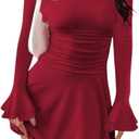ABINGOO Women Off Shoulder Ruched Mini Dress Sexy Long Sleeve Ruffle Tiered Flowy Tube A Line Dress Fall Bodycon Short Dress (Red, L)