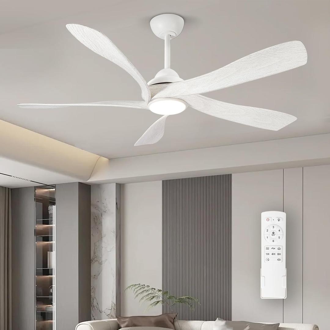 Melkelen Ceiling Fans with Lights and Remote,56in Ceiling Fan with 5-Blades,Quiet Reversible DC Motor,6 Speed, Dimmable LED Light,White Ceiling Fan for Bedroom/Living Room/Kitchen/Patio