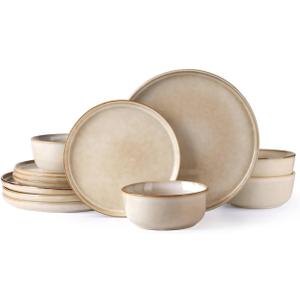 AmorArc Stoneware Dinnerware Sets,Round Reactive Glaze Plates and Bowls Set,Highly Chip and Crack Resistant | Dishwasher & Microwave Safe Dishes Set,Service for 4 (12pc) (Cappuccino Color)