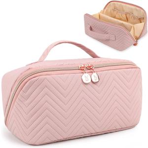Makeup Bag Cosmetic Bag, Large Capacity Travel Makeup Bag for Women with Portable Pouch Open Flat Water-resistant Toiletry Organizer Bag with Handle (Pink)