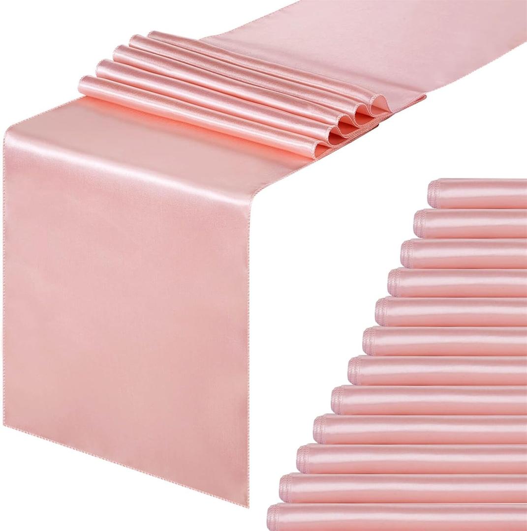 Satin Table Runners 12 Pack 12 x 108 inches Long Silk and Smooth Fabric Rose Gold Wedding Table Runner for Party Birthday Table Decoration