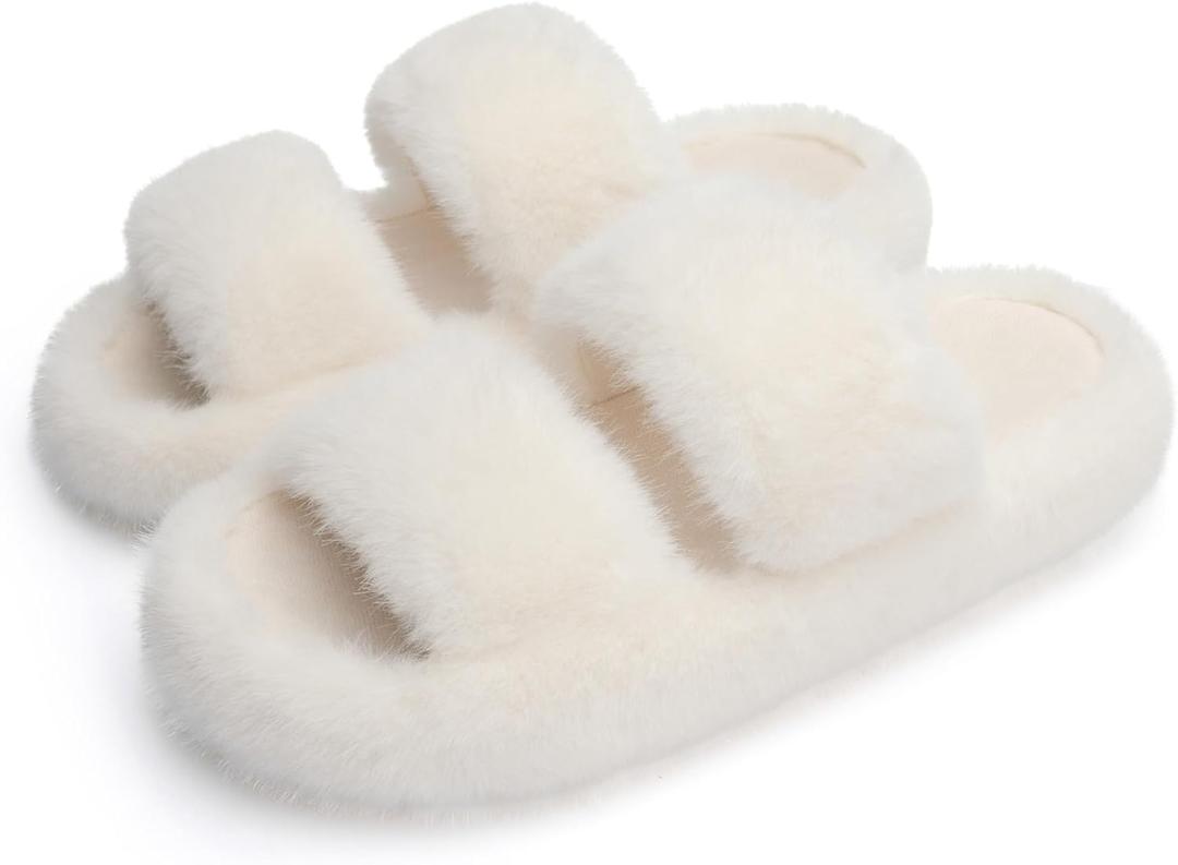 Chantomoo Women's Memory Foam Fuzzy Comfy Faux Fur House Shoes - Furry Bedroom Indoor Open Toe Slippers with Two Bands - Trendy Gift Slippers (7-8, Beige)