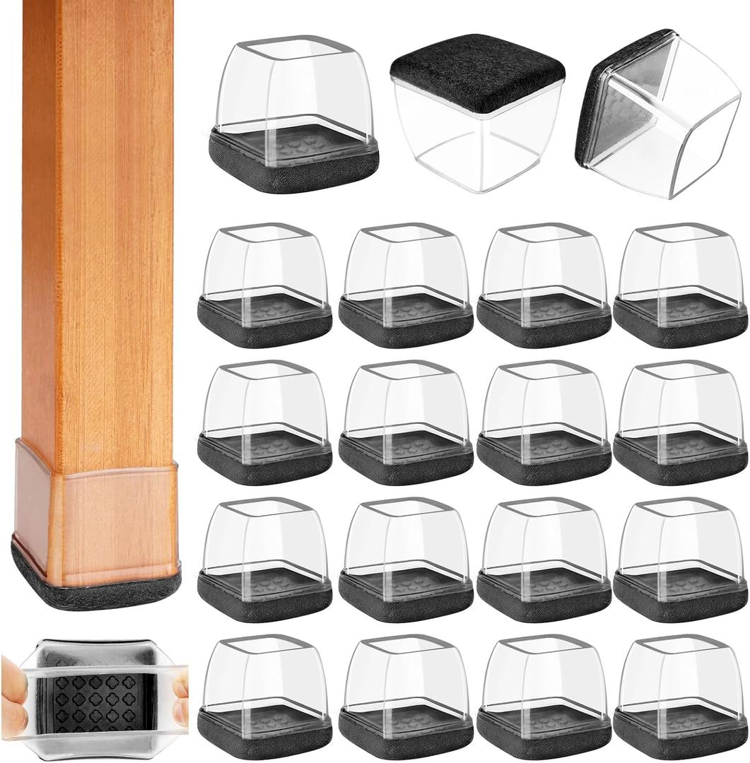 16 Pcs Chair Leg Floor Protector with Felt, Chair Leg Protectors for Hardwood Floors, Anti Scratch Chair Leg Covers, Silicone Chair Leg Caps (Square Black L: Fit 1.3~1.7 in)