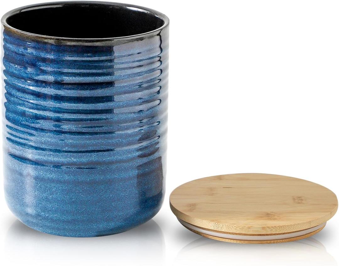 HASENSE 80oz Ceramic Food Storage Jar with Airtight Bamboo Lid  7.5 Inch Large Kitchen Canister for Coffee, Sugar, Flour, Tea, Snacks  Wide Mouth Blue Container for Pantry Organization