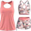 Modlily Classic 3 Piece Tankini Swimsuits for Women, Solid Tank Top & Plants Print Sports Bra with Drawstring Board Shorts, Medium