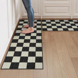 LEEVAN Black and White Checkered Kitchen Mat Sets of 2, Buffalo Plaid Rugs for Kitchen Floor Non Slip, Washable Kitchen Runner Rugs, Standing Mats for Laundry,Office (20''x32'+20''x47'')