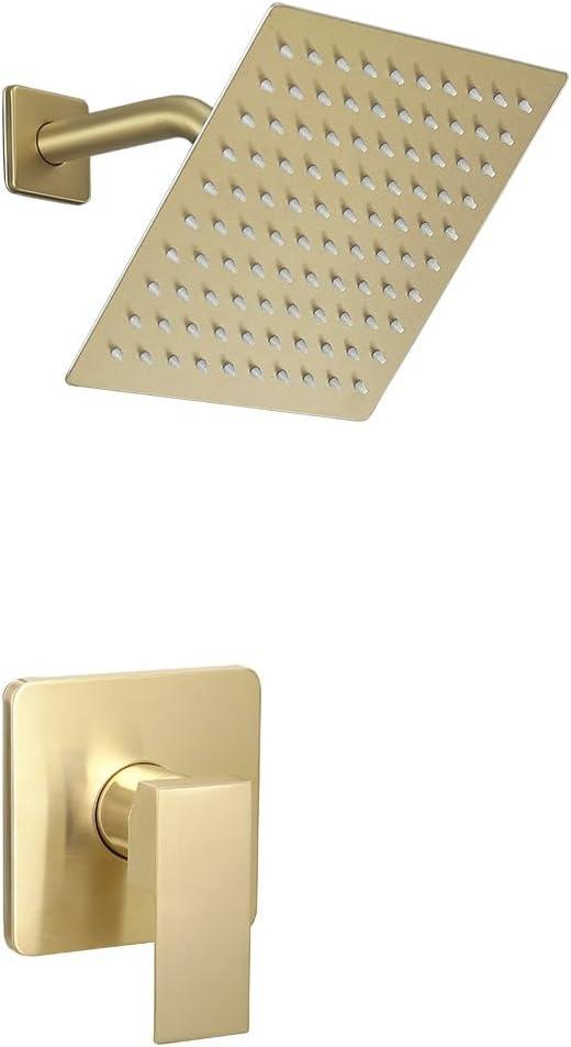Brushed Gold Shower Faucet Set Bathroom Rainfall 8 Inch Shower Head System Single Handle Shower Trim Kit with Rough-in Valve (6.7 Inch shower arm, Brushed Gold)