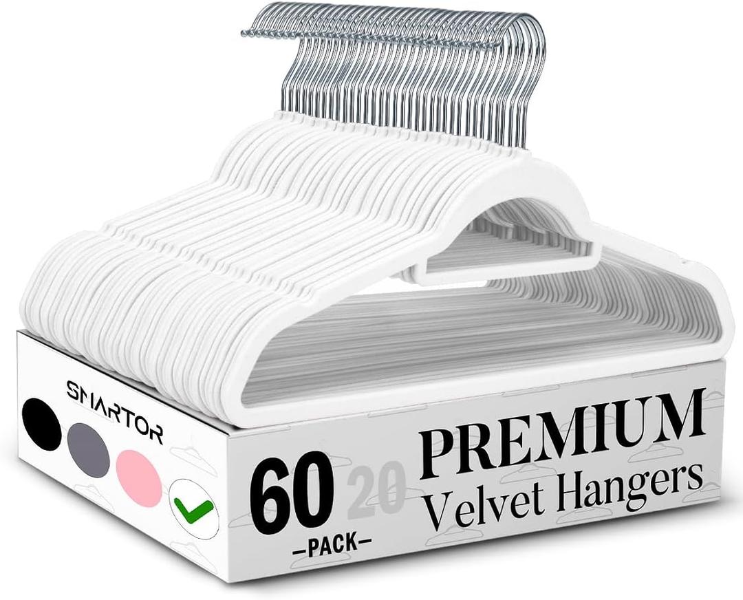 Smartor White Velvet Hangers 60 Pack, Space Saving Clothes Hangers with Tie Bar, Non-Slip Felt Hanger with Shoulder Notches, Heavy Duty Suit Hanger for Coat, Shirt, Pants, Dress