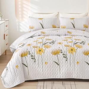 Quilt Set Queen Cute Floral Bedspread Coverlet Yellow Flower Quilts Microfiber Lightweight Summer Bedding Sets Reversible Soft Quilted Bed Cover for All Season(96"x90")