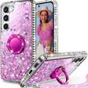 for Samsung Galaxy S23 Case with Ring, Glitter Bling Phone Cover with Stand & Lanyard, Women Girls Luxury Rhinestone Sparkle Protective Case for Galaxy S23, Clear Pink