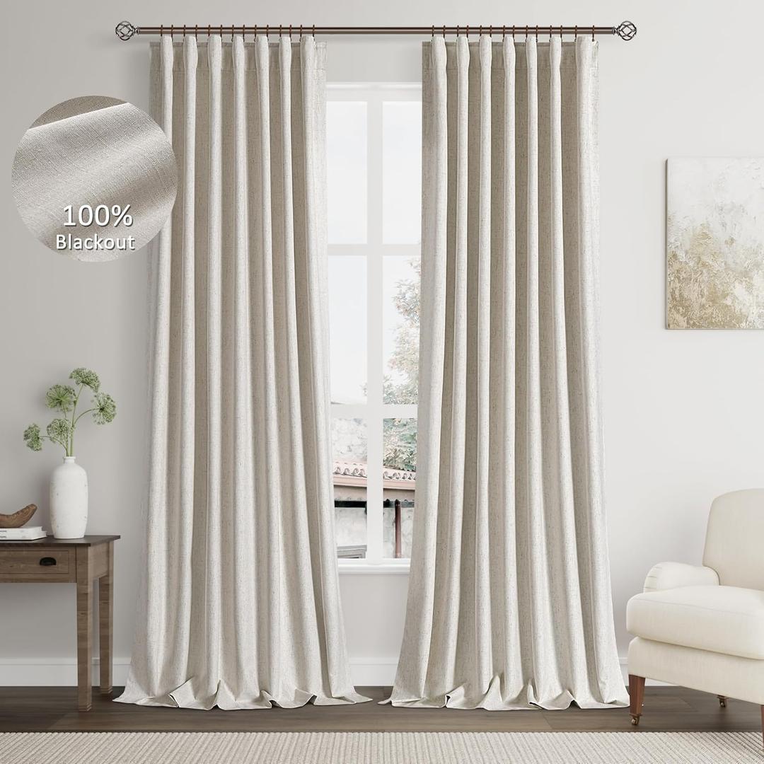 Greyish Beige Linen 100% Black Out Curtains 102 Inches Long 2 Panels Set for Bedroom Living Room Darkening Curtains Neutral Thermal Insulated Noise Reducing Blackout Window Drapes Light Taupe (52"W x 102"L (Pack of 2))