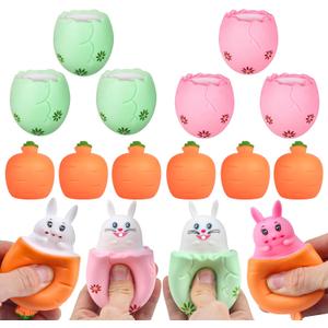 12Pcs Easter Eggs Squishy Bunny, Easter Basket Stuffers, Cute Rabbits Hide in Broken Easter Eggs or Carrots, Pop Up Carrot Bunny Stress Relief Squeeze Toys for Easter Eggs Hunt