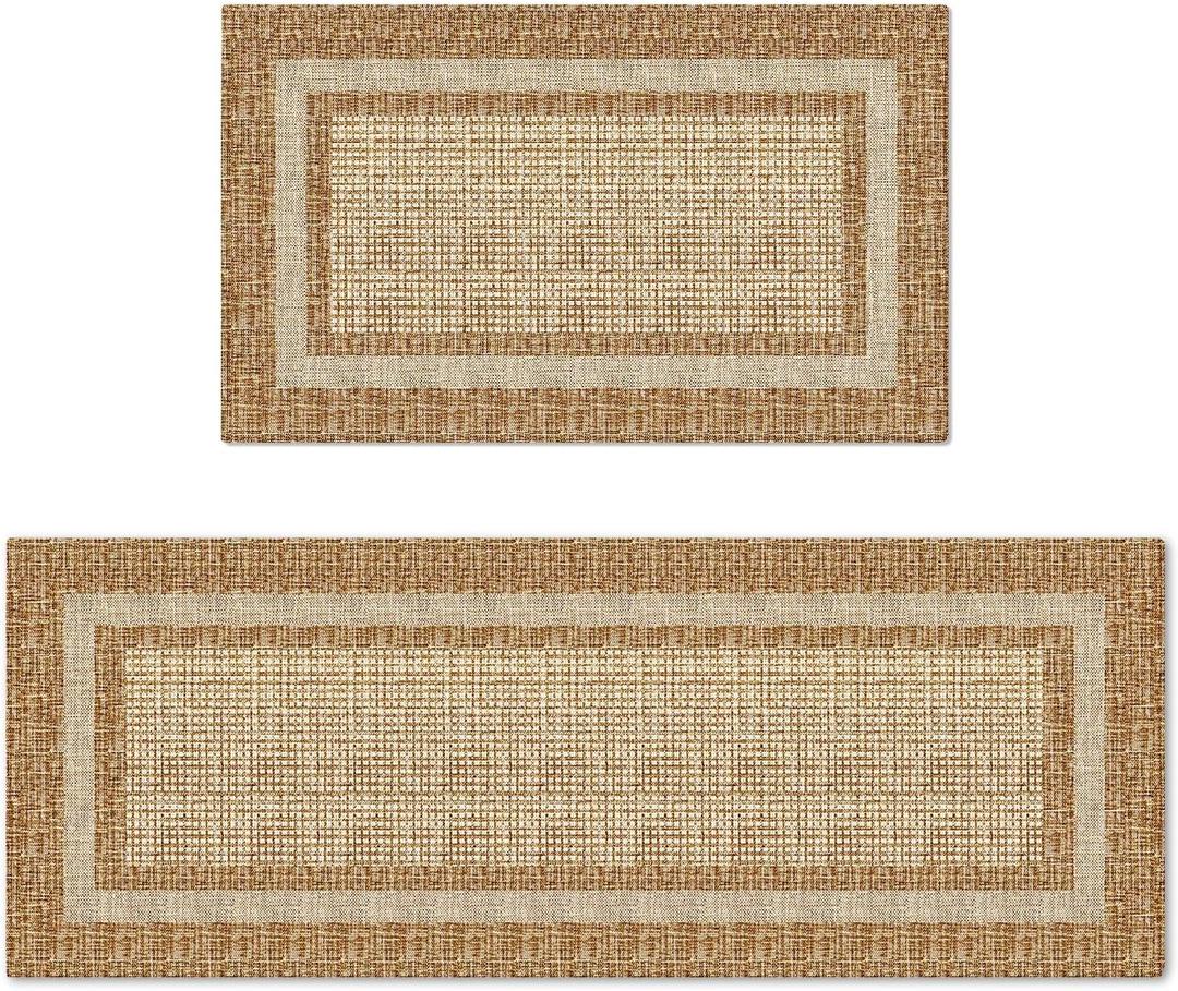 Artoid Mode Beige Rectangle Plaid Washable Kitchen Mats Set of 2, Seasonal Decor Non Slip Low-Profile Natural Rubber Back Kitchen Rugs for Floor - 17x29 and 17x47 Inch
