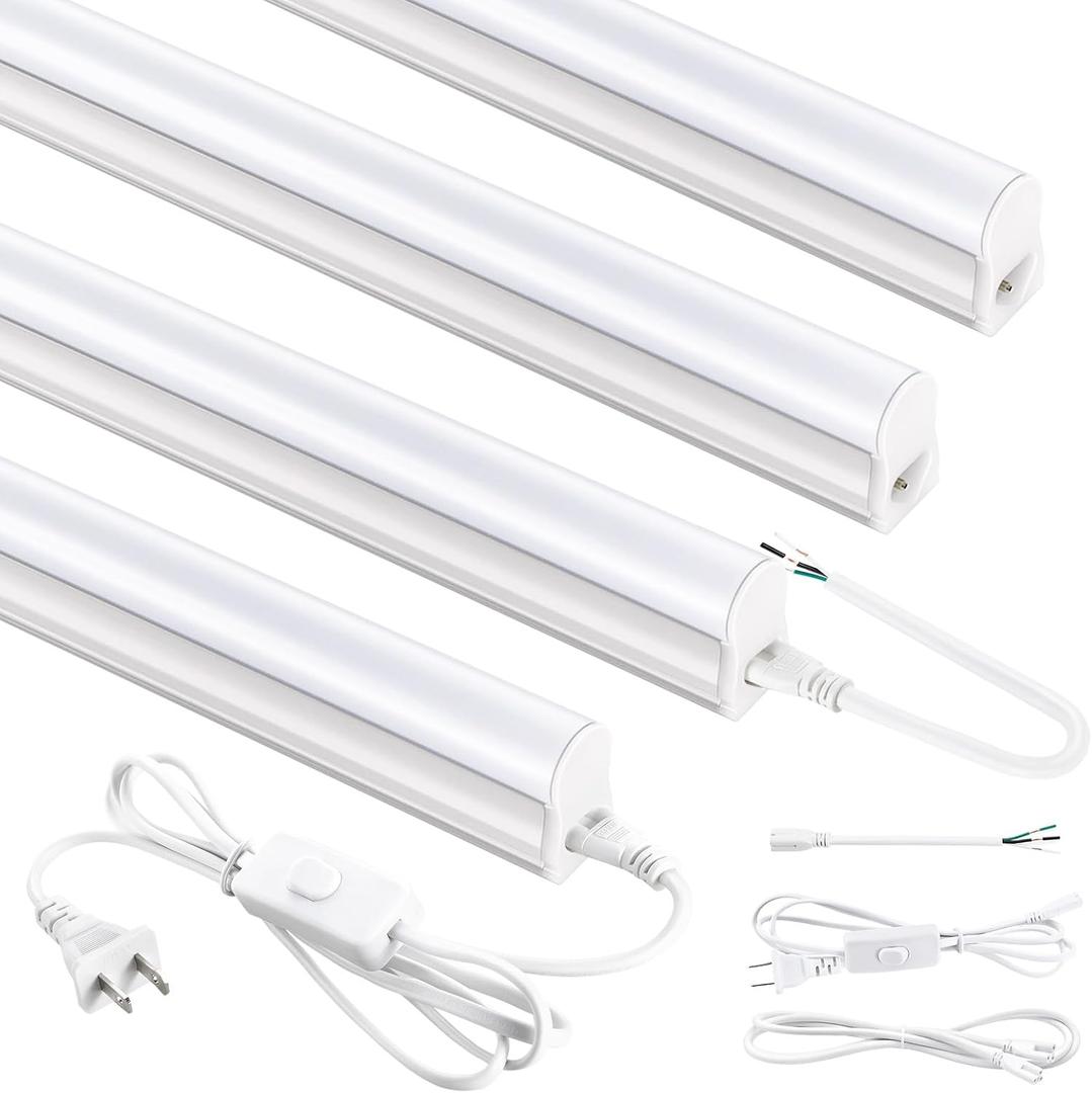 4FT LED Shop Lights, 2300LM 6500K Bright White LED Integrated Fixture, 20W Linkable Garage Light, Ceiling and Cabinet Light with ON/Off Switch, Workshop, Basement, FCC Certified, 4 Pack