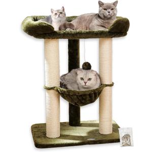 Happi N Pets 28" Large Cat Tree Tower for Indoor Cats, Cat Scratch Post with Large Bed for Maine Coon Big Cats, Sisal Cat Scratcher with Soft Perch & Hammock, Stable Cat Stand, Removable Cover-Green