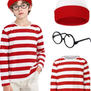 Red & White Striped Long Sleeve Shirt 3Pcs Set Classic Striped Top with Hat Glasses Funny Halloween Cosplay Outfit Medium Size