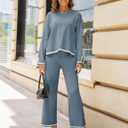 Tanming Women's 2 Piece Outfits Long Sleeve Knit Sweater Top Wide Leg Pants Lounge Sets Tracksuits (Blue, M)