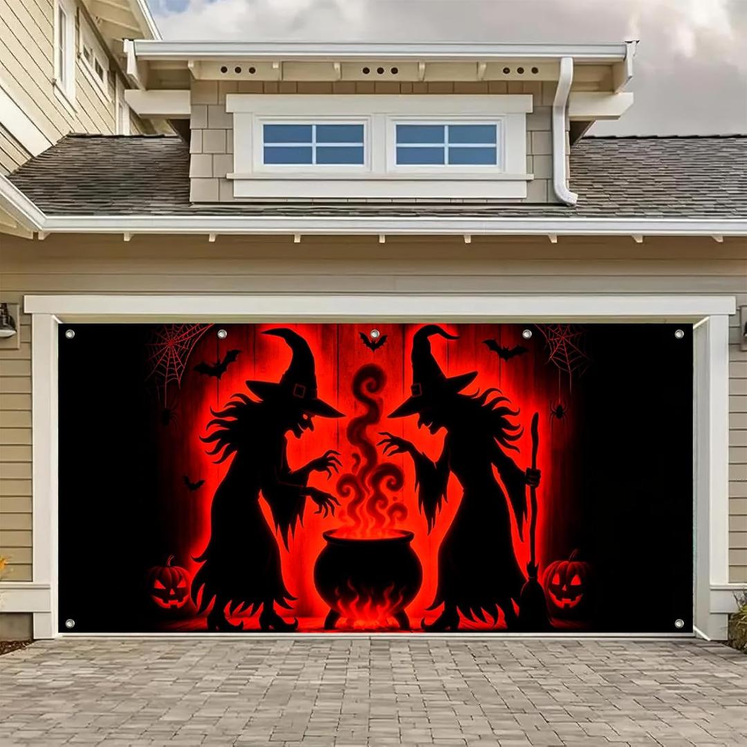 Halloween Garage Door Cover 13x6Ft Witch Cauldron Banner Spooky Witch Silhouettes Halloween Backdrop Red Glow Garage Decoration for Trick or Treat Outdoor Party Haunted House Display