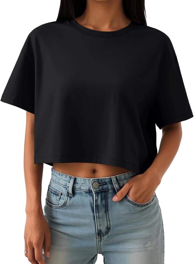 Trendy Queen Womens Crop Tops Oversized Workout Tshirts Short Sleeve Tees Summer Spring 2025 Casual Trendy Fashion Clothes (XX-Large, Black)