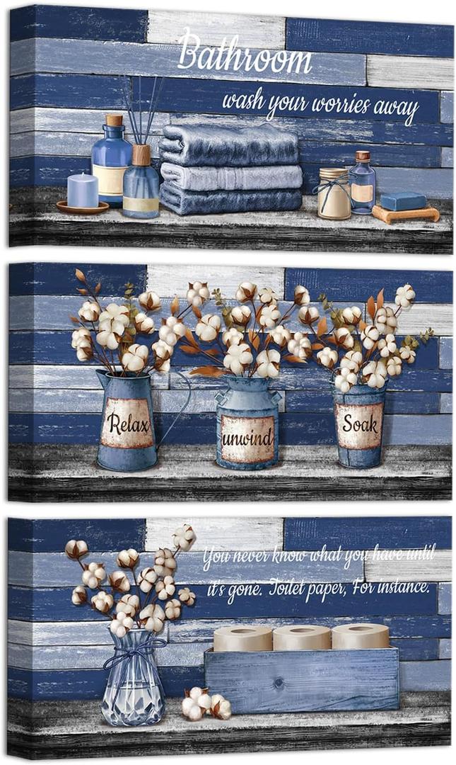 HOMEOART Bathroom Signs Farmhouse Bathroom Wall Decor Pictures Canvas Wall Art for Bath Room Decor Framed 6x12inchx3Pieces (Blue)