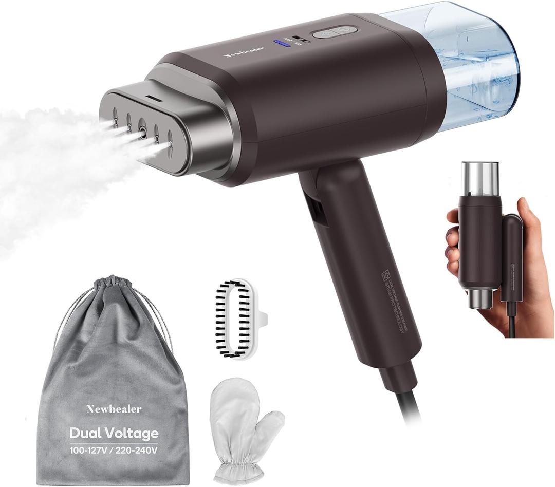 Newbealer Dual Voltage Garment Steamer 120V/220V, 1200W Powerful Steamer for Clothes, Home & Travel Use, Horizontal & Vertical Steaming, 20s Heat-up, Foldable, 1.72lbs, 180ml (Brown)