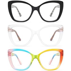 3-Pack Trendy Oversized Cat Eye Reading Glasses for Women Stylish Square Blue Light Blocking Readers AM6141
