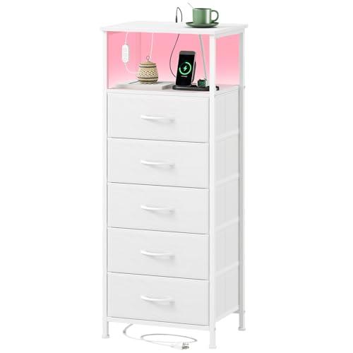 Somdot White Nightstand with Charging Station and LED Light for Bedroom, Tall 5 Drawers Dresser with Fabric Bins for Bedside Kids Dorm Room Closet Laundry Entryway, White Leather