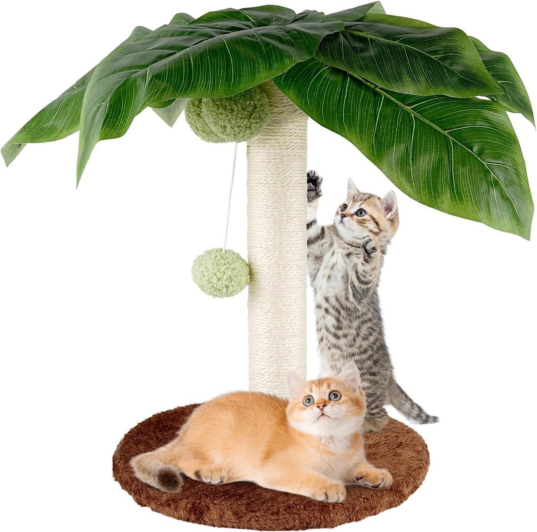 Small Cat Scratching Post for Kitten Cute Cat Scratcher with Nature Sisal Rope Coconut Tree for Indoor Cats Kittens with 3 Elastic Balls Balls Large 3D Green Leaves for Small Cats