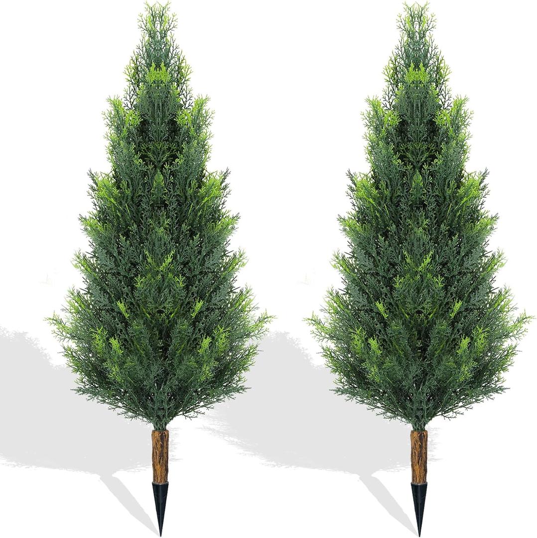 3FT Artificial Topiary Cedar Trees Outdoor, Outdoor Topiary Set of 2 Faux Cypress Plants with Ground Spike, UV Resistant Topiary Trees for Front Porch Garden Backyard Room Decor