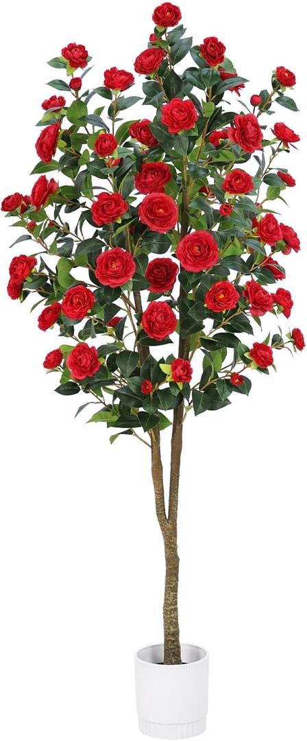Artificial Camellia Tree 6FT – Nearly Natural Faux Plants Indoor, with Easy Assembly, Low Maintenance, Ideal for Both Indoor Decoration and Other Purposes，Perfect Porch Christmas Trees (Red 6ft)