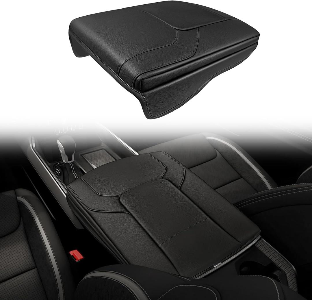 Muslogy Center Console Armrest Cover Fit for Dodge Ram1500 2500 3500 2019-2026 Accessories, Comfort Armrest Pad Console Lid Cushion Vegan Leather 1-Inch Thick(Bucket Seat ONLY, NO Limited,Laramie)