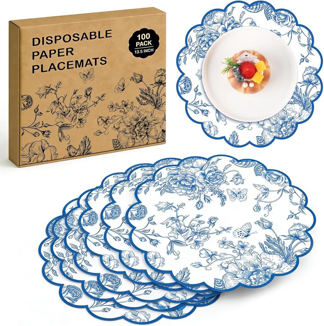 Kochorie Blue Floral Paper Placemats 100 Pack, Disposable Scalloped Table Mats, Blue Vintage Flower Paper Place Mat, 13.5 x 13.5 Inch for Weddings Bridal Showers Party Décor