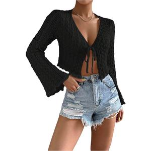 Floerns Women's Scallop Trim Trumpet Long Sleeve Tie Front Cardigan Crop Top, M