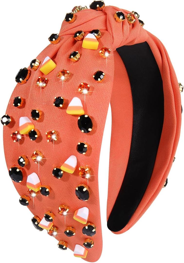 4 x Halloween Knotted Headband for Women Crystal Pumpkin Candy Corn Houndstooth Hairband Halloween Hair Accessories Gift
